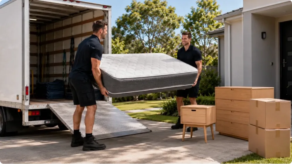 Movers preparing household items for transport